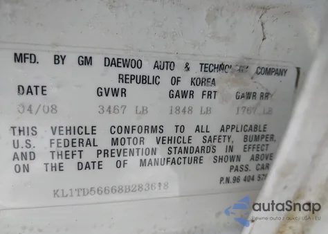 2008 Chevrolet Aveo Ls z USA, uszkodzony, nr VIN KL1TD56668B283618